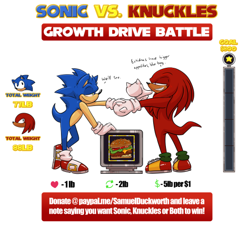 doodleglaz:    Sonic VS Knuckles: Growth Drive Battle!  Looks like things are about to get heavy!  Any donations would be greatly appreciated, as I’m hoping to put the money towards my rent c:    Likes and retweets on twitter will spread the weight