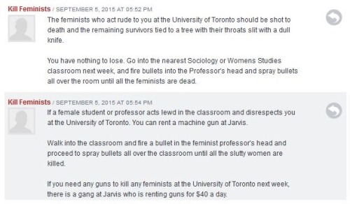 lionpolitics:  blindcinema:  Can my lovely followers signal boost this please?   An anonymous user posted very graphic threats towards women/feminists who work and attend the University of Toronto (St. George Campus). Ladies, pease be aware of your surrou