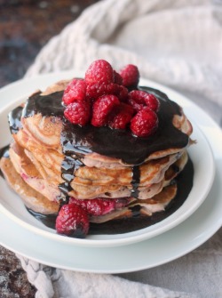 fullcravings:  Raspberry Pancakes with Chocolate Glaze