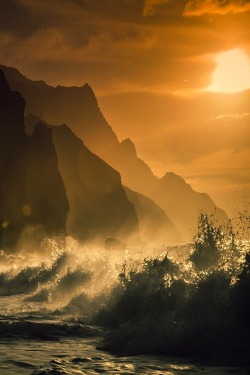 ponderation:  Hawaii, Kauai, Na Pali Coast, Sunset Along Ocean and Cliffs by m_libis  