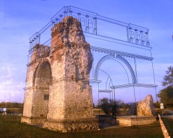 museum-of-artifacts:  An outline overlay reconstructs the damaged Heidentor, a 4th century AD roman victory monument in Austria