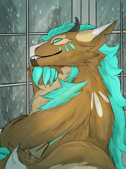 markofdavaya: watching the rain! i was sitting and watching the rain, so i decided to draw my fursona, phi, doing the same! its a pretty messy drawing, but i like their face!(they/them for phi) 