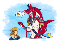 atwotonedbird:I wanted to give Link a happy and simple memory since his canon memories were pretty sad or serious with the exception of maybe when Zelda tries to force feed him a frog. Haha Of course his happy memory was gonna involve Sidon~  X3