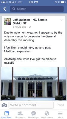 ramblingwayfarer:gladtoseayou:Jeff Jackson, a young Democratic NC State senator is the only senator in the general assembly today due to the snow.  omfg