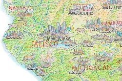 land-of-maps:  Pictorial map of the Jalisco region, on the west coast of Mexico. This is a tiny part of a map of North America, drawn by Anton Thomas in pen and colored pencil - and is nearly four feet wide and five feet high &amp; loaded city skylines,
