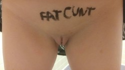 naughty-redhead:  Yesterday’s adventures included having to write “fat cunt” on my body, being denied not only panties, but also a bra. When you have big saggy tits like mine, a good bra is important, especially when your boyfriend chooses a strapless