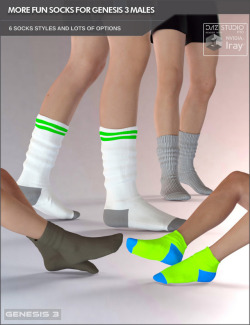 Included  are athletic/leisure socks in 5 styles (sneaker, ankle, crew, soccer  and knee socks) with lots of different colors and material presets and  shopper socks with several nice knit materials. Also nice as dress  socks. Compatible with Daz Studio
