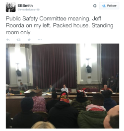 justice4mikebrown:  January 28 Jeff Roorda, Missouri State Representative and head of the STL Police Officers Association, wears “I Am Darren Wilson” bracelet and shoves woman during the #CivilianOversight/Public Safety Committee meeting. Livestreams