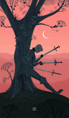 sarakipin:  Three of Swords  For my second senior thesis, I’ll be completing the Suit of Swords from the Minor Arcana Tarot card deck! It’s an excuse to draw sad fantasy knights  