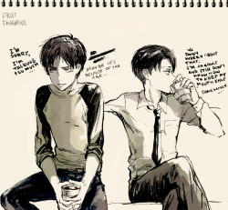 yellowshootingstars:  Last sketch before finaaaaals! AU where Levi is Eren’s teacher.  They occasionally talk about life although they have no idea what they’re doing with their own. 