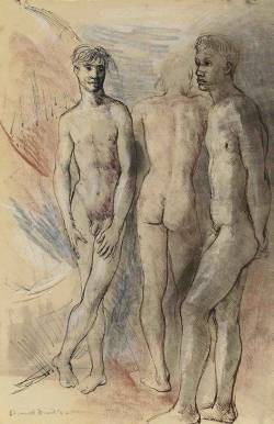 Donald Friend (Australian, 1915-1989), Studies of a male nude, 1952. Pen and ink, coloured chalks and wash on paper, 19¼ x 12¼in.