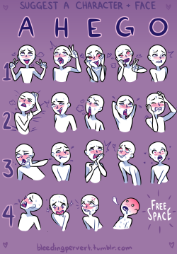 bleedingpervert: I wanted to make a lewd expression ask thingy.  Suggest a character and face.  Feel free to reblog and tag your answers as #ahegofacememe  Even I sometimes jump on a bandwagon. I was thinking about doing some of these tomorrow if you