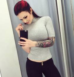 starfucked:  At #work 💃💃💃 A few hours left to go 😁💪🏼 Then weekend and Deadpool 😍💕🙌🏼 #redhair #model #girl #girlswithink #girlswithtattoos #tattoo #ink #sleeve #fetishmodel #piercings #alternative #starfucked 
