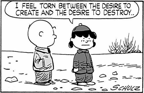 redlipstickresurrected:Charles M. Schulz (American, 1922-2000, b. Minneapolis, MN, USA, d. Santa Rosa, CA, USA) - Lucy van Pelt and Charlie Brown from Peanuts.