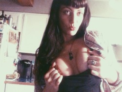 hiddenpink:  Goofing in the kitchen with my new tripod…. Being a bewb with my bewbs