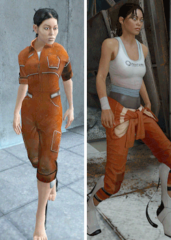 perpetualvelocity:   PORTAL vs. PORTAL 2      ↳Chell’s idle animations (without Portal Gun).   She looks like she went from “what the hell is that” to “WHAT THE HELL IS THAT” 