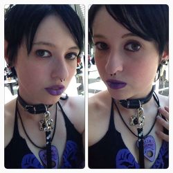 pixie-oni:  We went out to a poly munch as a family #goth #gothic #purple #black #girl #collar #humanpet #petgirl #pastelpixie @_pastelpixie  #collarandleash