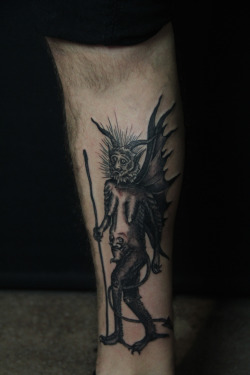 clovenhoov:  bjptattoos:  &ldquo;The Devil on a Walk,&rdquo; original design, on James.  I’ve been tattooing at Old Crow Tattoo in Oakland since late July. I’ve been periodically updating images of the tattoos I’ve done. Take a minute to look if