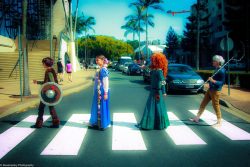 modern-merida:We were having so much fun, when we saw the walk way on the parking road at the con, we couldn’t help but do our own Abby Road {RedFox Cosplay as Merida} {Lost Dragon Cosplay as Hiccup} {Rapunzel and Jack do not have pages at this moment}