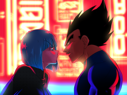 vegetapsycho: vegetapsycho:  I was watching the gameplays for the new Cyberpunk 2077 game and I was inspired to draw this to go along with my previous pieces. what do you think they’re arguing about? 😏 also an animation for this scene will come