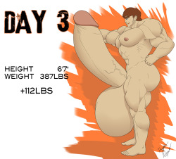 Itâ€™s Day 3! Whoa! David&rsquo;s getting pretty huge! Lots of muscle, a big butt, a massive cock, and an engorged set of big balls.Â   The drive is now closed. Thank you everyone for contributing!