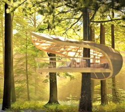treehugger:  Sailboat-inspired prefab villa hangs from the trees 