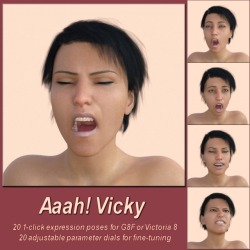 A set of 20 expression poses and parameter dials for Daz&rsquo;s Genesis 8 Female / Victoria 8. Get these great expressions for Daz Studio 4.9 and up today! Check that link for more images and info! Aaah! Vicky 8  http://renderoti.ca/Aaah-Vicky-8