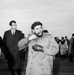 historicaltimes:  Cuba’s Minister of Industry Che Guevara buttons his coat at Kennedy Airport, as he leaves New York on December 17, 1964. A bazooka was fired at the U.N. Headquarters as he was addressing the General Assembly during this visit - via