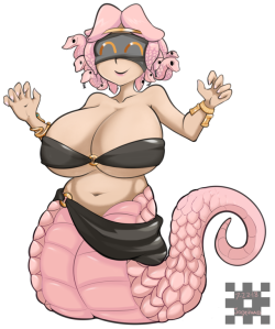 joeydrawss: Character creation of a tiny cute pink medusa snek named Elpis. Bonus doodle to show her height and boob size cause the commissioner used Tammie as a ref. COMMISSION INFO HERE Support me on Patreon 
