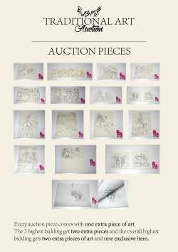 This is the list of this years traditional art auction pieces. And a list with &ldquo;SNIPS&rdquo;, random bonus art that will be added to each auction piece. (You can tell me if you want a specific one with your auction) Here is how this will go down: