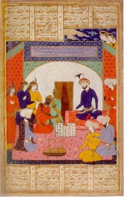 fyeah-history:  An illustration from a Persian manuscript “A treatise on chess” The Ambassadors from India present the Chatrang to Khosrow I Anushirwan, “Immortal Soul”, King of Persia, 14th Century 