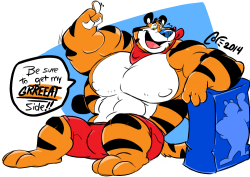 datriggs:  Fanart: Tony the tiger Ohhh man, have I always wanted to take a shot at this guy. Not only is his cereal tasty as heck, but he’s probably one of the only cereal mascots that go out of their way to be beefcake rolemodels for little kids on