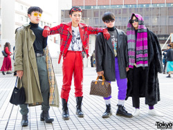 tokyo-fashion:Japanese students 15-year-old Hiroto, 16-year-old Haruki, 17-year-old Katsuya, and 17-year-old Daiki on the street in Tokyo wearing fashion by Gucci, Supreme, Burberry, Prada, Nerdy, Louis Vuitton, Maison Margiela, Versace, Loewe, UNIQLO,