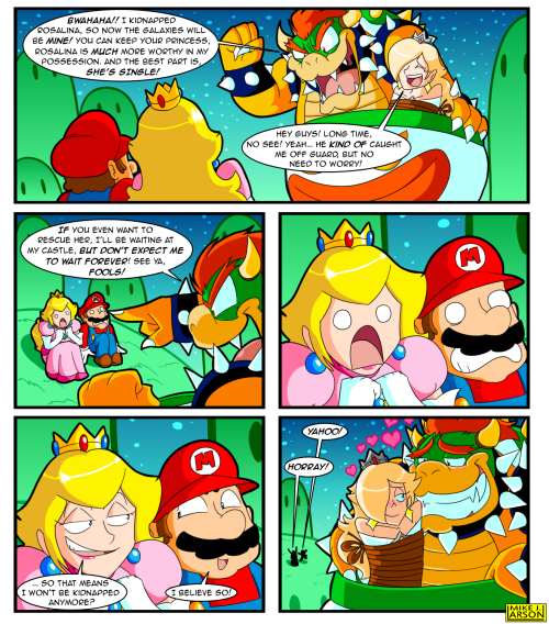 This was commissioned awhile ago by someone on deviantART called Nokamarau, and he wanted me to make a comic with Boswer, “capturing” Rosalina. Not used to making shipping comics anymore, but eh, this pairing is pretty tame compared to some