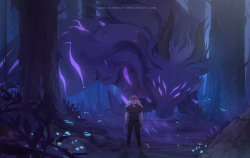 monstermonger:  commish I finished the other week from FA! C:It was a challenge, but overall I loved working on this. it’s packed with a bunch of my favorite themes - big badass monster, glowy stuff, forests, blue/purple color scheme… ok, yes, hehe.