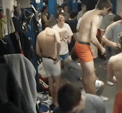 notdbd:  notashamedtobemen:  A New Jersey college lacrosse team locker room, after winning the conference championship. One of the players set up a camera to record the moment, and a few of his teammates didn’t let it bother them.  Red Hawks lacrosse