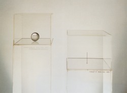 avtavr:  Yoko OnoPointedness1964/1966Crystal sphere set on engraved plexiglass pedestal with plexiglass vitrine,58 3/8&quot; x 10 ½&quot; x 10&quot; (148.3 x 26.8 x 25.4 cm).Forget It1966Stainless steel needle set on engraved plexiglass pedestal with