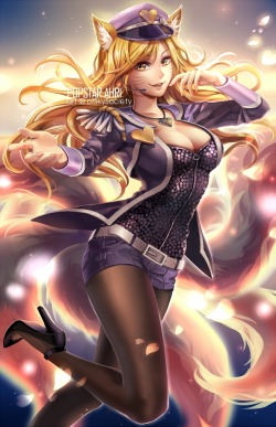 ofskysociety:  Added another champion, Popstar Ahri, to my League of Legends series. owo Planning to add more in the future! Some work in progress pictures are available on my twitter (link below) if anyone is interested. Thank you for viewing! Follow