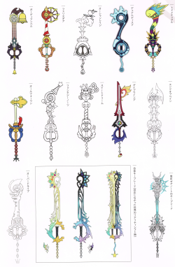 as-warm-as-choco:  Key-blades’ designs from “Kingdom Hearts Series Memorial Ultimania”. Dedicating this to my girlfriend nefowls! Hope we ‘ll be rocking this video-game in 2015’s winter. #causeSWORDS! 