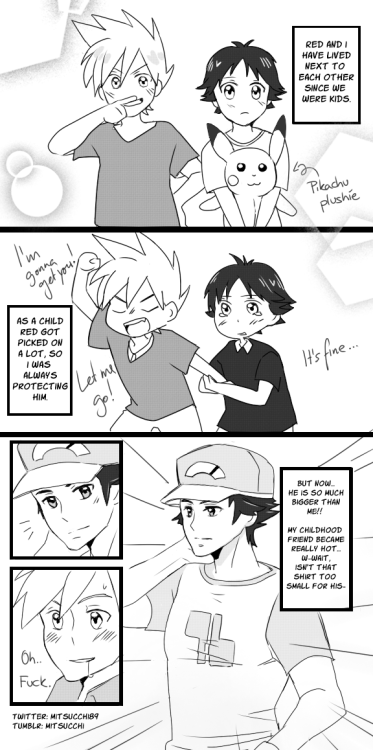 reguridiscordserver: mitsucchi:  Artist: @mitsucchi (Tumblr) Pairing: Red x Green (Pokemon) A/N:   ”Green is thirsty for our Red” Comic. Got caught again staring at Red. We know the thirst didn’t end here, hahah :D!  Member art!From  mitsucchi.Green