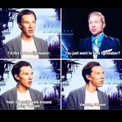 Haha awww so cute! #Benedict #bc #BenedictCumberbatch #cute #adorable #lightsaber #starwars #whatwouldyoube #benny #british #lol #laughs #swing #idbea #interview #question #sherlock #Holmes #sherlockholmes