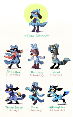 too-much-green:  More crossbreeding variations!! This time’s with Riolu. You can get these pups by breeding a female Lucario with the father mons listed in the brackets. I used a superheroes/villains theme for a lot of these designs, so I had to come