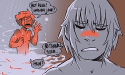 riku-eosphorus:  Colour schemes!Anon: 4 + Riku walking in on Sora in the shower and Sora in innocently asking him if he was to join him