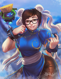 amberharrisart:Continuing my Cross-Overwatch series with a Mei cosplaying Chun Li and Snowball as Guile! This one was a popular request so hope you like it!