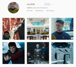 jamest-kirk:  Jim’s Instagram account is 99%   shots of the Enterprise and crew members glaring at him. Also short videos of them running for their lives, because what better moment is there to take out your camera?