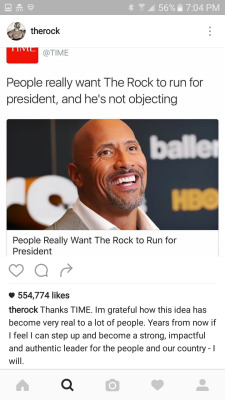 swedebeast:  restlessgrrl:  PRESIDENT DWAYNE THE ROCK JOHNSON 2020 WE WERE BLIND BUT NOW WE SEE  Crossing my fingers he’ll be still as genuine when the time comes as he is now. 