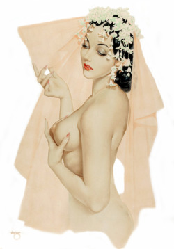 lovethepinups:  Alberto Vargas - “Vargas Bride in Wedding Veil” - 1940’s. This is a rare illustration from Vargas that I assume was done prior to the Esquire years based on the signature on the illustration. Vargas changed his signature after leaving