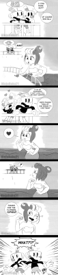 ninjahaku21art:A cuphead and Mugman comic featuring Cala Maria! My sister and I thought of this silly idea where Mugman is trying to get Cala Maria’s attention by giving her some flowers! &lt;3….however, Cala Maria doesn’t realize this and assumes