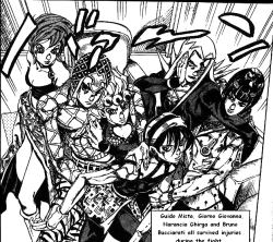 deadwife:  it’s gotta be difficult to squeeze 6 characters into a single panel and this is jojo so there’s a certain amount of style required but there is so much questionable touching going on here i don’t even know where to start  Mista&hellip;