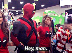 jareddevries:allyson-wonderlnd:What I love about Deadpool is that he’s got 2 attractive woman on his side and he’s more excited about Waldo. I love accurate cosplay.  agirlnameddanib